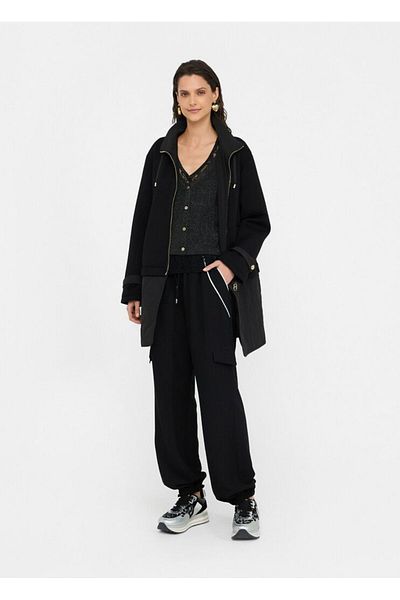 Liu Jo Women's Off-Shoulder Lace-Up Stand Collar Long Sleeve Black Coat with Removable Nylon Tips Tf5079J4879-222