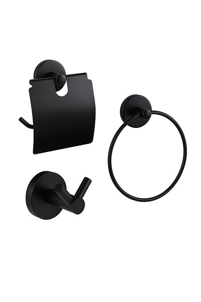 Ahlez Dolce Matte Black Covered Paper Holder + Round Hanger and Robe Hanger 3-Piece Bathroom Set