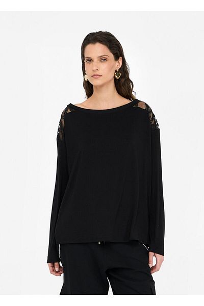 Liu Jo Women's Comfortable Fit Shoulders Tulle Patterned Stretchy Fabric Long Sleeve Black Blouse Tf5186Js360-A3370