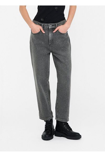 Liu Jo Women's Comfortable Fit Vintage Patterned Wide and Short Leg Soft Cotton Denim Gray Pants Uf5019D4927-