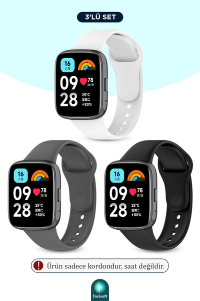 İncisoft Redmi Watch 3 Active Uyumlu 3 Adet Kordon Set Spor Şık Tasarım Yumuş...