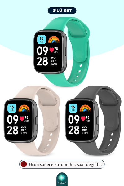 İncisoft Redmi Watch 3 Active Uyumlu 3 Adet Kordon Set Spor Şık Tasarım Yumuş...