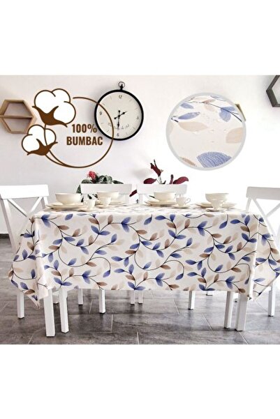 Ralex Față de masă anti-pete 100% bumbac 160 x 320 cm, frunze albastre