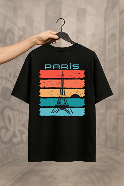 'Paris Eiffel Tower' Siyah Oversize Tişört