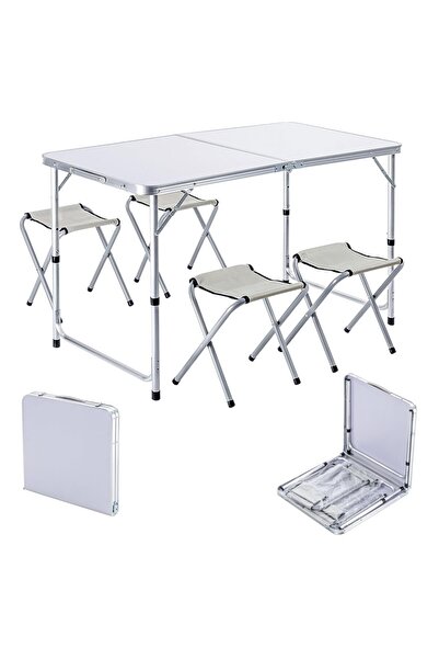 PROCART Camping table set with 4 chairs, adjustable table height, non-slip feet, aluminum, silver