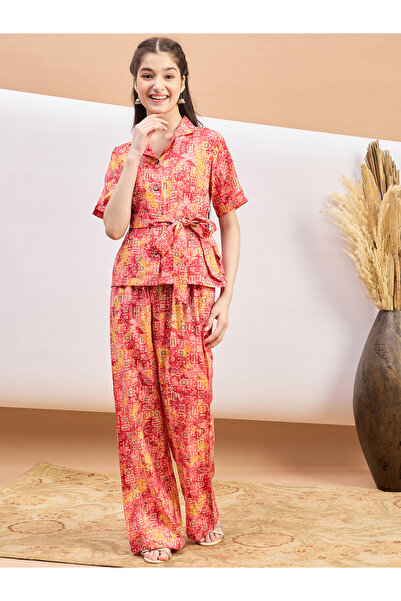 Stylo Bug By Styli Abstract Print Tie-Belt Shirt and Pants Set