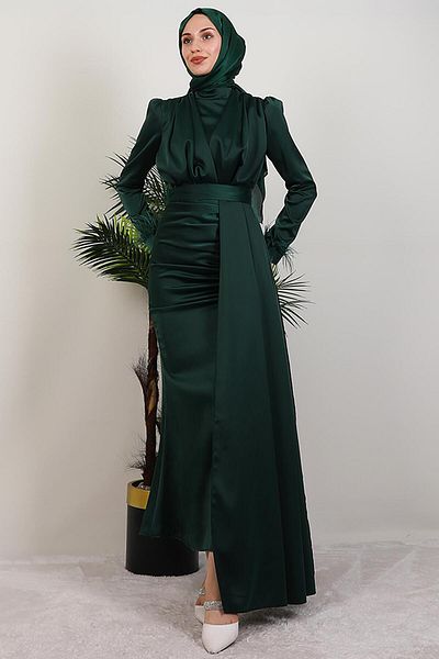 GİYZAMİLA Rochie Hijab din Satin Furry Verde Inchis