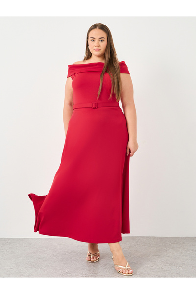 Styli Plus Red Off Shoulder Maxi Dress with Belt