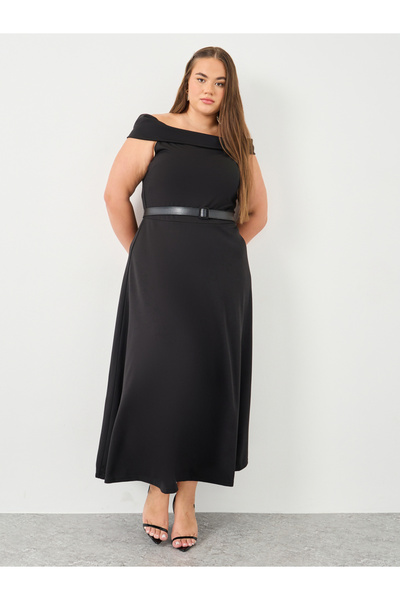 Styli Plus Pink Off Shoulder Maxi Dress with Belt