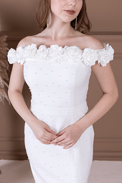 BEYBOS Atlas Kumaş Çiçekli İnci Detaylı Kalem Elbise - BEYAZ