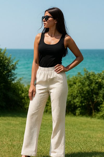 Rich Women's Striped High Waist Elastic Side Pocket Woven Pants