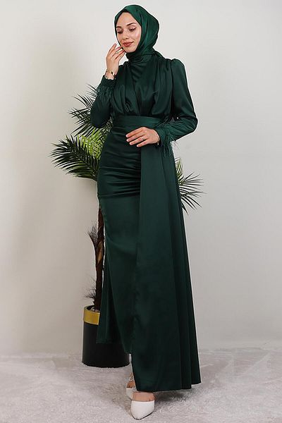 GİYZAMİLA Rochie Hijab din Satin Furry Verde Inchis
