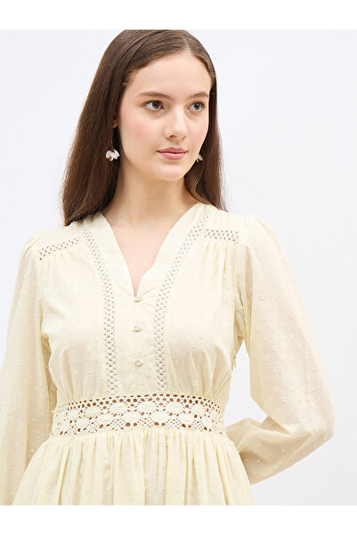 Styli Schiffli Detail V-Neck A-Line Mini Dress