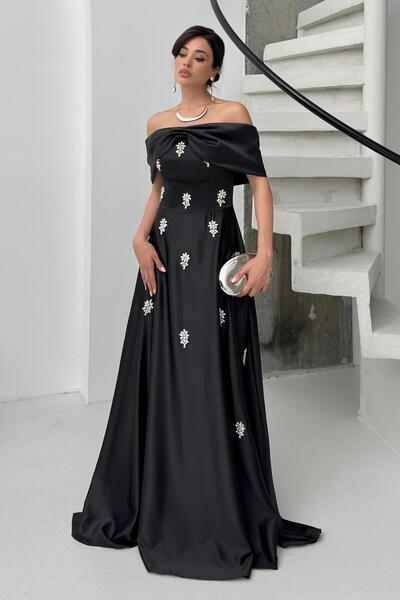 Serica Moda Rochie de seară din satin cu strasuri, fără bretele, neagră