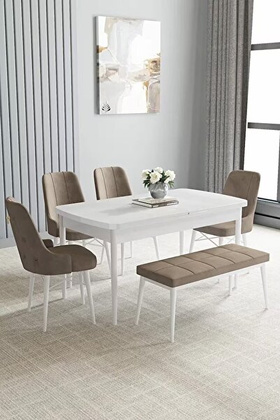 asaella mobilya Loft Beyaz 80x132 Açılabilir Mdf Masa Yemek Odası Takımı, Mut...