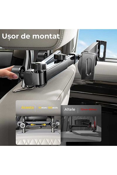 Elindor Suport auto pentru tabletă și telefon, 4,7-11 inch, cu braț extensibil și rotație la 360°, negru.