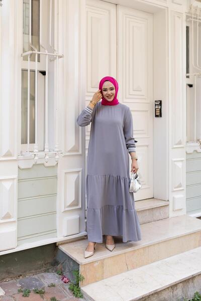 Hb Harma Time Butik Women's Layered Ribbed Gray Hijab Dress