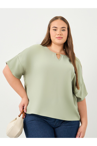 Styli Plus Green Blouse with Keyhole Neck