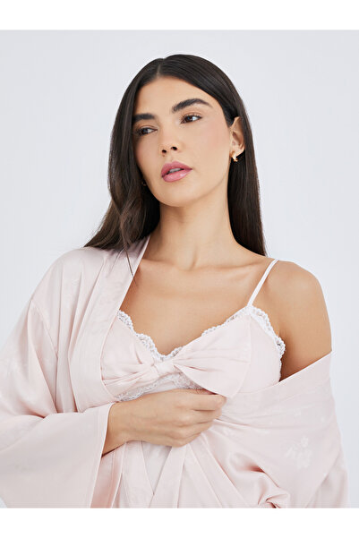 Styli Pack of 2 - Satin Jacquard Bow Front Slip Dress and Robe