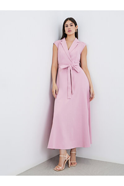 Styli Solid Sleeveless Blazer Maxi Dress with Waist Tie