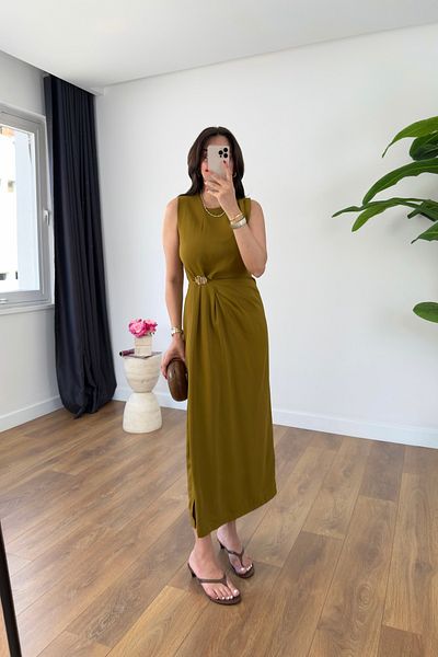 BİRCANÇİL Sita Olive Buckle Detailed Maxi Dress
