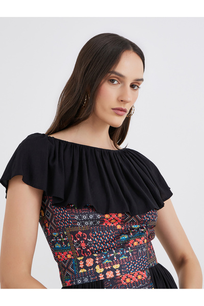 Maxim Creation By Styli Centre Panel Print Bardot Neck Midi Dress