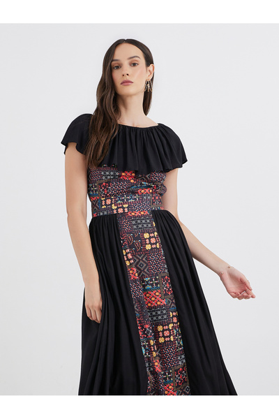 Maxim Creation By Styli Centre Panel Print Bardot Neck Midi Dress
