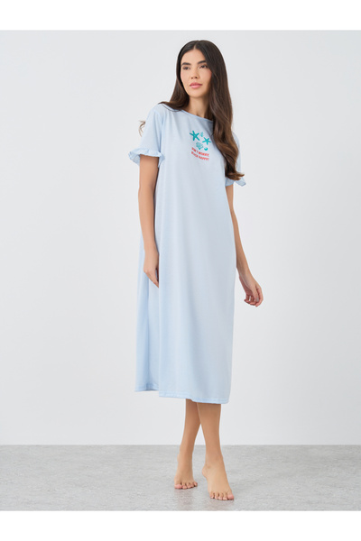 Styli Ruffle Sleeve Beach Print Sleep T-Shirt Dress