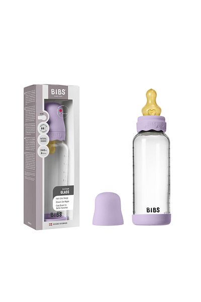 Bibs Set complet de biberon Boheme anticolic din sticlă cu tetină din latex, debit mediu, 240 ml, Violet Sky