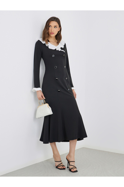 Styli فستان ميدي سادة بقصة A وحواف متباينة من الكشكشة وتفاصيل أزرار