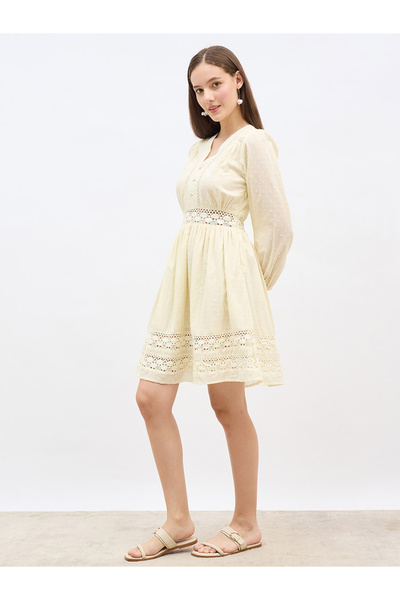 Styli Schiffli Detail V-Neck A-Line Mini Dress