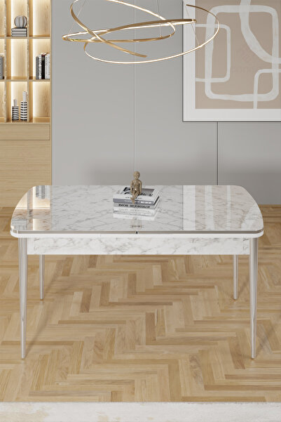 Canisa Rada Serisi 80x132 Açılabilir Lak Panel Beyaz Mermer Desen Masa 4 Cappucino Sandalye Krom Detay