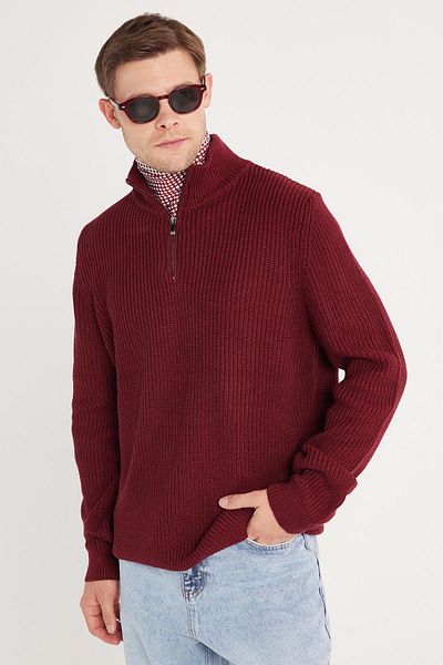 Tudors Pulover pentru bărbați, slim fit, cu fermoar, roșu Claret, cu guler ridicat