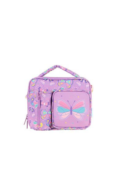 KAUKKO Geantă de prânz pentru școală cu model de fluture liliac pentru fete, izolată termic, cu trei compartimente (buzunar pentru sticlă) L7222