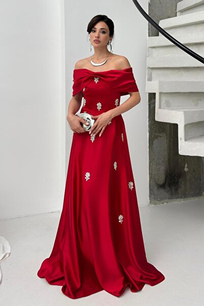 Serica Moda Kırmızı Düşük Omuz Straplez Taşlı Saten Abiye Elbise