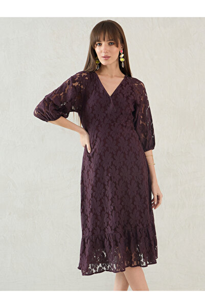 Styli Purple Lace Wrap Front Midi Dress