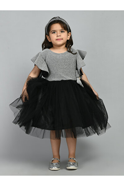 Bella Moda By Styli Embellished Mesh Insert Ruffled Sleeve Knee-Length Dress