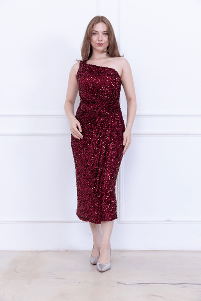 BEYBOS Φόρεμα μονόχρωμο μολύβι από ύφασμα παγιέτα - Claret Red