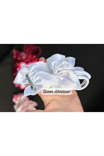 QUEEN AKSESUAR Luxury Stoned Satin Clip 2-Piece Bow Buckle 4-Piece Rubber Towel Buckle Set White