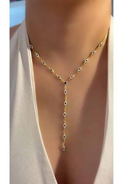 Luna Argento MİNİMALİST KİBAR VE ZARİF MAVİ NAZAR GÖZ Y KOLYE 925 AYAR GÜMÜŞ