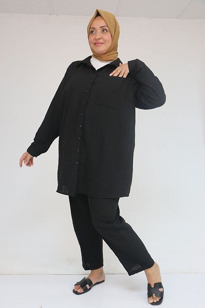 Eslina 57049 Plus Size Men's Collared Trousers Suit - Black