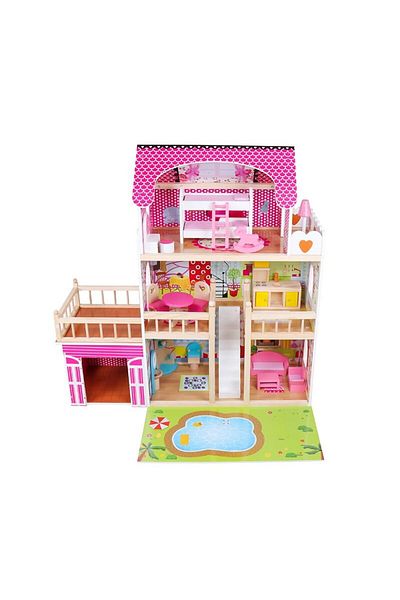 PROCART Wooden dollhouse, 60x33x90 cm, LED lighting, with garage, accessories