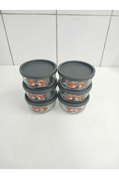 LAV Feyzade Round Storage Container Set 6 Pieces Teddy Bear Patterned 380Cc Storage Container Anthracite Lid