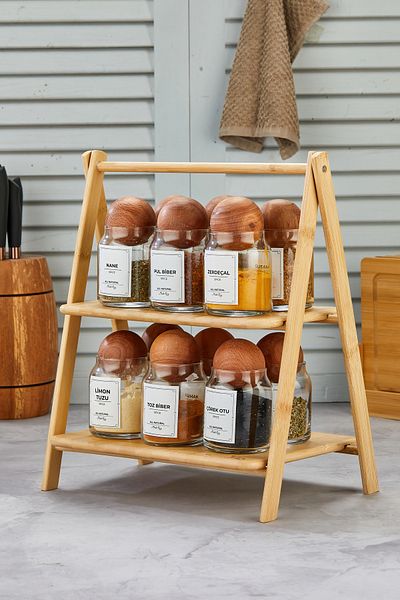 MODA OZY Set of 12 Vacuum Wooden Ball Lid, Bamboo Stand, 300ml Glass Spice Jar Set (Including Label)