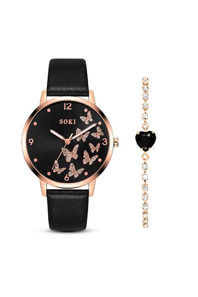 REDz Accessories Set elegant de ceasuri de damă, cadran fluture + brățară neagră cu inimă
