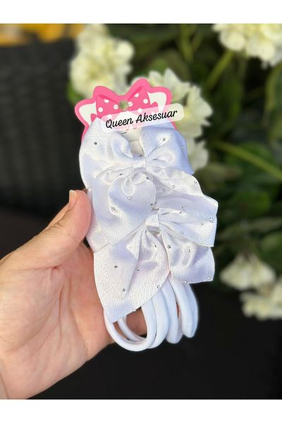 QUEEN AKSESUAR مجموعة مشبك من الساتان الفاخر مكونة من قطعتين ومشبك على شكل فيونكة مكون من 4 قطع من مشبك المناشف المطاطية باللون الأبيض