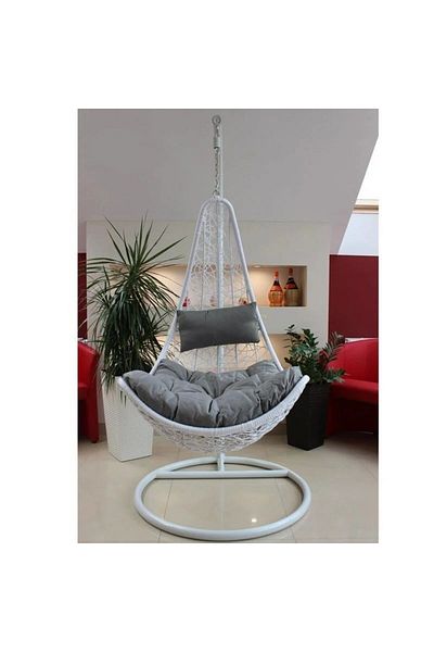 PROCART Hanging armchair made of synthetic rattan, white galvanized steel frame, height 195cm, gray cushions