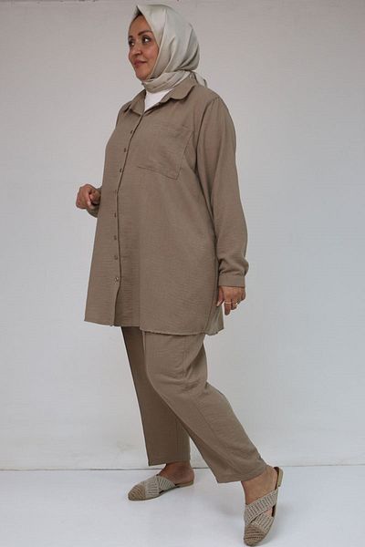 Eslina 57049 Plus Size Men's Collared Trousers Suit - Mink