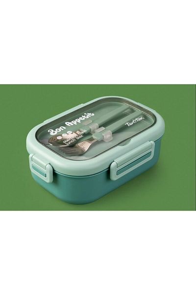 Tantitoni Tantitony Green Stainless Steel Rectangular Fork and Spooned Food Carriage Container 850ml