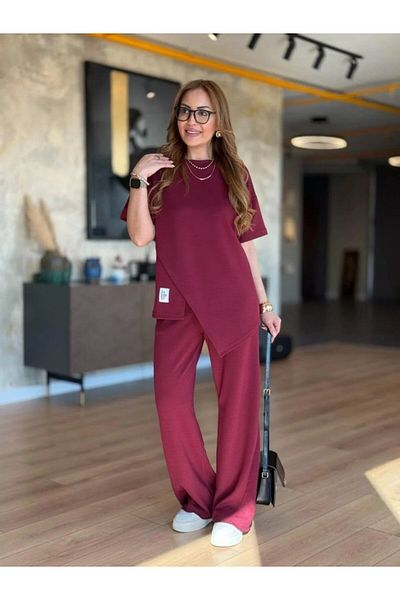 TUA MODA Tua Fashion Women's Short Sleeve Crew Neck Asymmetrical Viscose Two Thread Blouse and Pants Double Suit